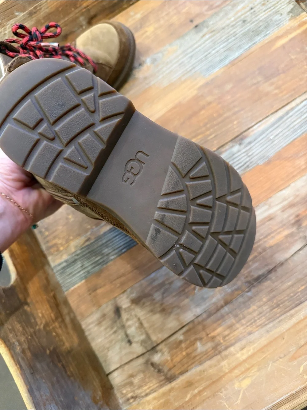 UGG Brown Suede Kids Boots with Red & Black Laces